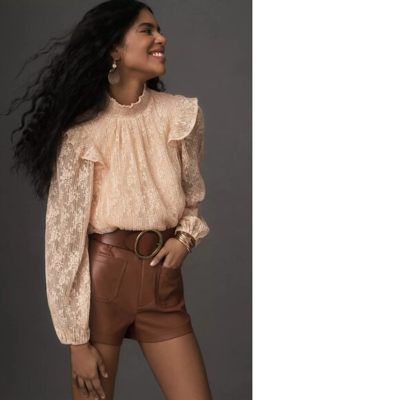 Anthropologie Tops - Anthropologie Porridge Sheer Lace Long-Sleeve Top NEW NWT size L peach color